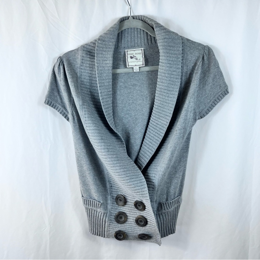 Gray Short Sleeve Cardigan Sweater L Button Front Layering Casual Career Wear